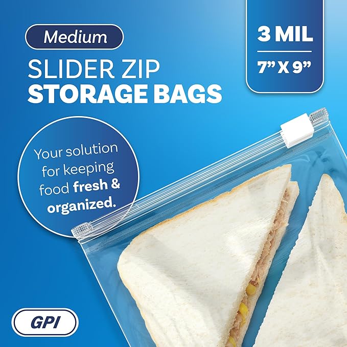 1000 Count - Slider Zip Food Storage Sandwich Bags, 7" x 9" 3 Mil Heavy Duty, Strong & Durable For Freezer Storage, For Sandwiches, Snacks & More. GPI