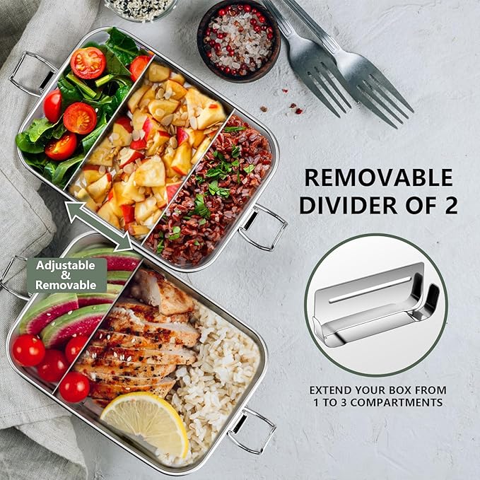Leonyo 47oz 18/10 Stainless Steel Lunch Box, 1400ml Metal Bento Box for Adults with 2 Dividers, Leak-Proof Bento Snack Containers for Women Man, Dishwasher Safe, Oven Safe Except for Lid