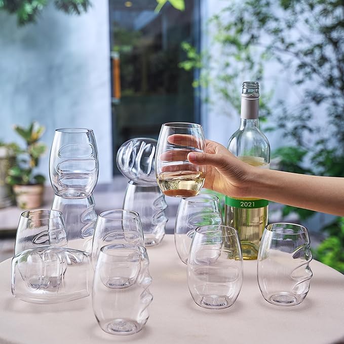 Unbreakable European Plastic Crystal, Stemless Wine Glasses | Set of 12, 13.5 OZ | Acrylic Tritan Set with 3-Finger Indentations - Clear Short Tumbler Set, BPA Free, Reusable, Naturally Aerates Wine
