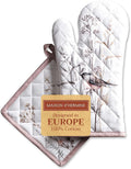 Maison d' Hermine 100% Cotton Oven Mitt & Pot Holder Set (7.5"x13" & 8"x8") Heat Resistant BBQ Cooking Gloves with Loop, Grilling, Kitchen, Handling Hot Pans Spring/Summer (Meadow Florals - Brown)