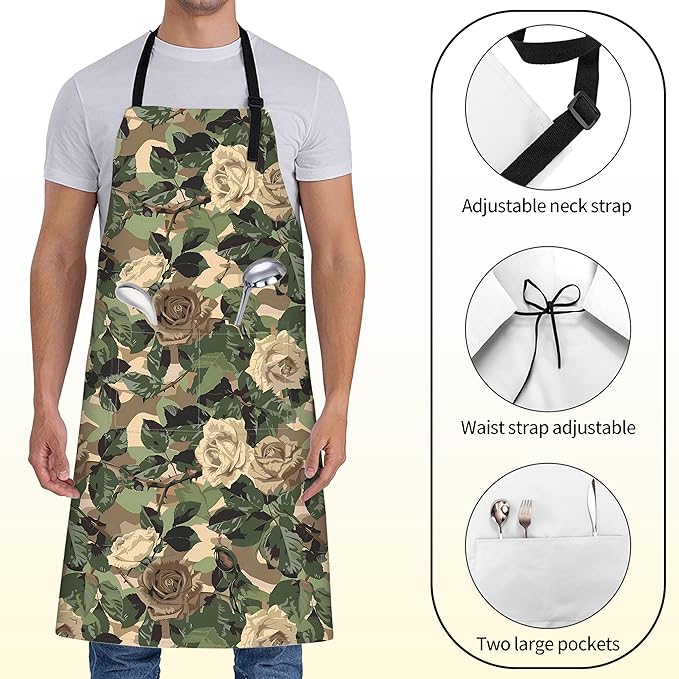 Camo Rose Apron for Women with Floral,28x33in,Goth Kitchen Aprons with 2 Pockets, Oxford Fabric,Green Leaves Adjustable Apron for Cooking Baking Gardening Chef,Gifts for Mom Wife