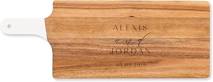 Weddingstar Personalized Wooden Cutting Board or Serving Board with White Handle 7.8" x 21" - Modern Couple Etching