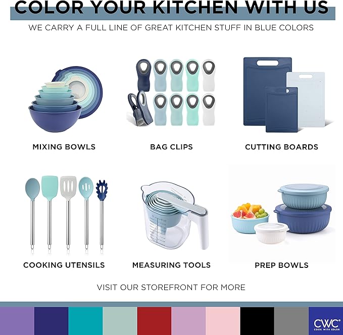 COOK WITH COLOR Nesting Plastic Mixing Bowl Set with Pour Spouts and Handles, Blue, 6 Piece Non-Slip