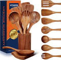 9Pcs Wooden Utensil Set with Holder and Spoon Rest - Natural Teak Wood Cooking Utensils Set, Heat Resistant and Non-stick Wooden Spoons for Cooking, Kitchen Utensils Set with Spatula