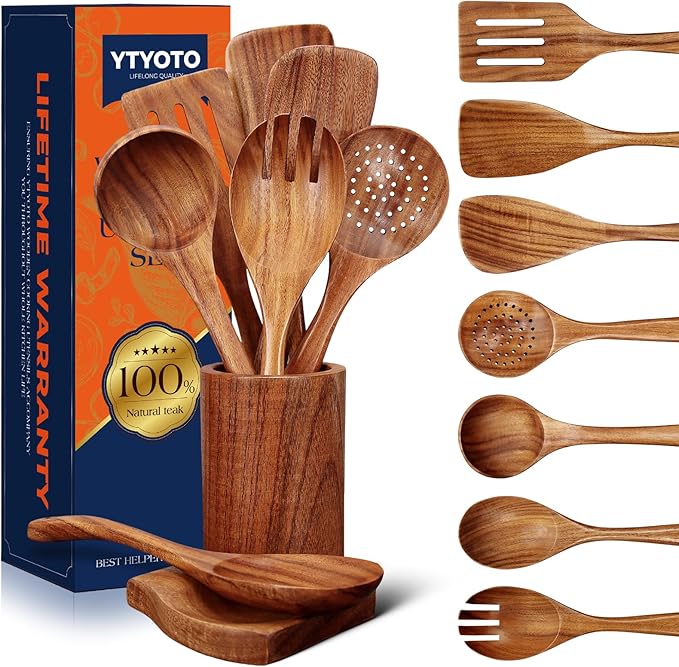 9Pcs Wooden Utensil Set with Holder and Spoon Rest - Natural Teak Wood Cooking Utensils Set, Heat Resistant and Non-stick Wooden Spoons for Cooking, Kitchen Utensils Set with Spatula
