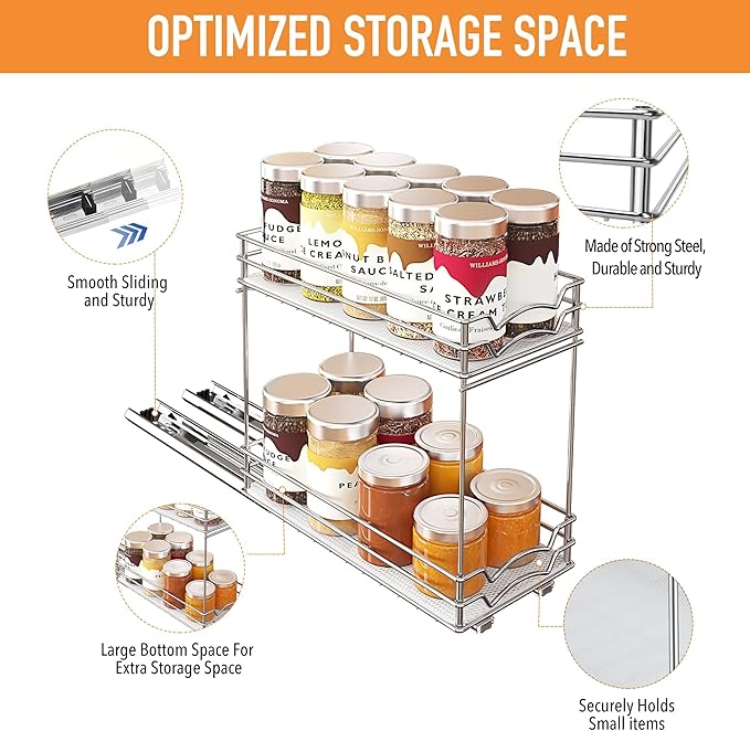 BBV Spice Rack Organizer, Double layer Seasoning Organizer for Cabinet Countertop, Kitchen, Pantry, Sliding Metal Chrome Spice Organization (5 inch)