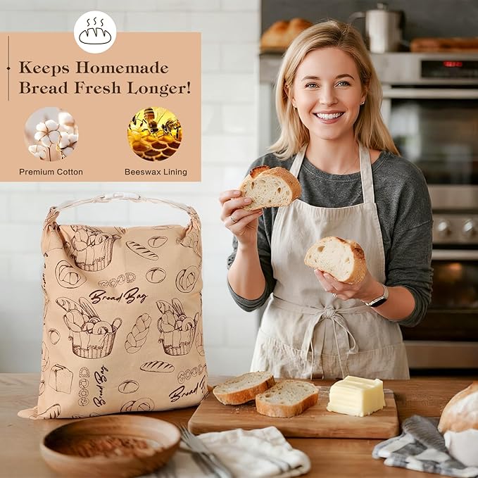 Aofmee Reusable Beeswax Bread Bags for Homemade Bread, 2 Pack Sourdough Bread Bags, XL Natural Cotton Beeswax Bag, Fresh Keeping Extra Large Bread Food Storage Bag for Gift Giving