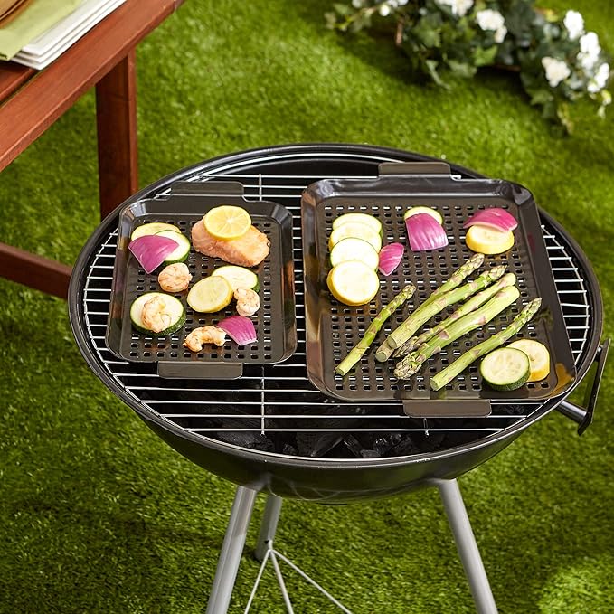RSVP International Porcelain Coated Steel BBQ Grill Tray/Pan, Outdoor Barbeque Grilling Accessories for Cooking Fish & Vegetables, Dishwasher Safe, Small, 13x7.25/Medium, 16.75x10