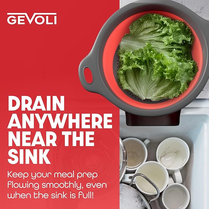 Strainer with Self-Draining Base (5QT) Over-Sink Collapsible Kitchen Colander Set with Side-drain Base for Pasta Vegetables and Fruit, XL Large Capacity, Dishwasher Safe (5-Quart) Red/Gray
