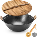 WANGYUANJI 11.8 Inch Handmade Cast Iron Wok with Dual Handles, Small Round-Bottom Chinese Wok for 1–2 Servings, Uncoated Stir Fry Pan for Gas Stoves & Open Flame Cooking