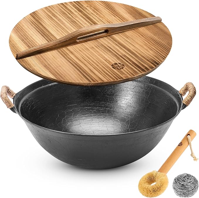 WANGYUANJI 11.8 Inch Handmade Cast Iron Wok with Dual Handles, Small Round-Bottom Chinese Wok for 1–2 Servings, Uncoated Stir Fry Pan for Gas Stoves & Open Flame Cooking