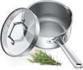 PekGema Stainless Steel Saucepan 3 Quart with Glass Strainer Lid, Thicken Tri-ply Full Sauce Pot, Two Side Spouts for Easy Pour, Dishwasher Safe, Induction Ready, Compatible with All Cooktops