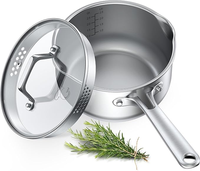 PekGema Stainless Steel Saucepan 3 Quart with Glass Strainer Lid, Thicken Tri-ply Full Sauce Pot, Two Side Spouts for Easy Pour, Dishwasher Safe, Induction Ready, Compatible with All Cooktops