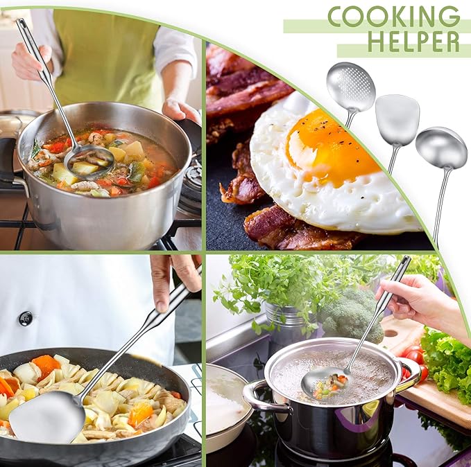 Patelai 3 Pcs 15in Wok Spatula and Ladle, 304 Stainless Steel Wok Utensils All Metal, Utensils Skimmer Ladle Tool Set for Carbon Steel Cooking Baking