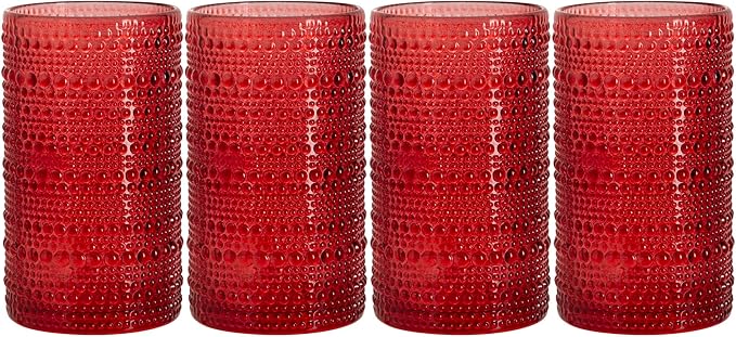 Glaver's Drinking Glasses Set of 4 Red Vintage Glassware. Christmas 15 Oz. Everyday and Holiday Dinner Beaded Drinking Glasses for Water, Juice, Cocktail.