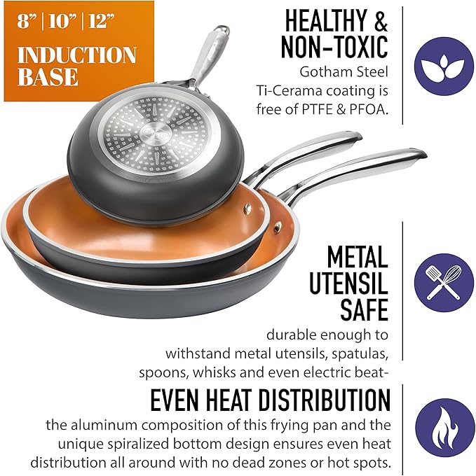 Gotham Steel PRO 3 Pc Hard Anodized Ceramic Frying Pans Set, 8” 10” 12” Nonstick Frying Pans Skillet with Non Toxic Ceramic & Titanium Coating, Induction Ready, Oven and Dishwasher Safe - Copper