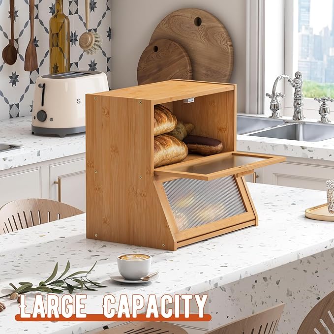 GHWIE Double Layer Bamboo Bread Box for Kitchen Counter,Large Capacity Bread Storage Bin,Bread Container with Acrylic Wavy Door Panel (Natural, Extra Large)