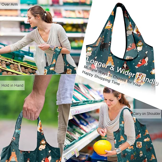 BeeGreen Christmas Cats Reusable Grocery Bags 6 Pack Cats Reusable Shopping Bags Bulk with Elastic Band Foldable-Machine Washable Christmas Gifts Tote Bags Animals Pattern
