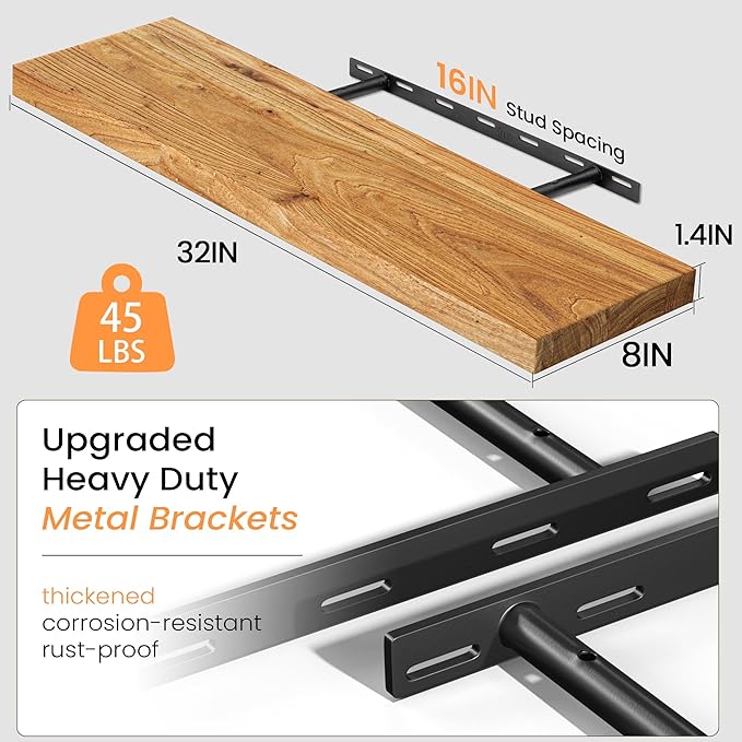 Fun Memories Floating Shelves for Wall Set of 2, Rustic Solid Elm Wood Wall Shelves 36 Inch - Invisible Bracket Mount for Living Room, Bathroom, Bedroom, Kitchen, Natural