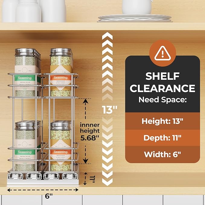 Pull Out Spice Rack Organizer for Cabinet, Slide Out Spice Racks, Easy to Install Spice Cabinet Organizer, 2.1''Wx10.35''Dx8.26''H, 2 Drawers 2 Tiers(Silver)