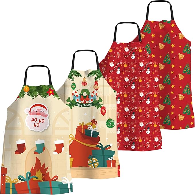 4 Pack Funny Christmas Kitchen Aprons for Women Men Adjustable Cooking Chef Aprons Waterproof Bib Aprons Cute Xmas Party Gift