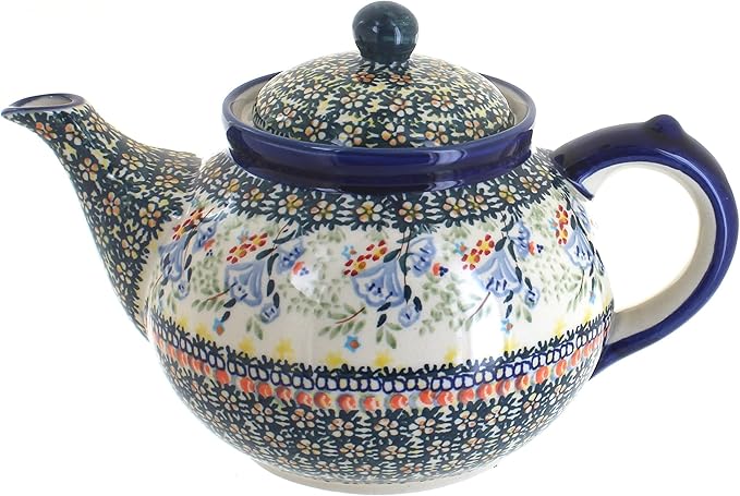 Blue Rose Polish Pottery - Green Periwinkle Teapot - 5 Cup Capacity - Hand-Painted Polish Pottery Ceramic Coffee & Tea Server