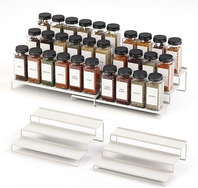 Tiered Spice Rack Organizer – Warm Gray Metal Countertop & Cabinet Spice Stand, Strong & Sturdy 3-Tier Shelf for Kitchen, Pantry, Seasoning Bottles – Minimal Scandinavian Design
