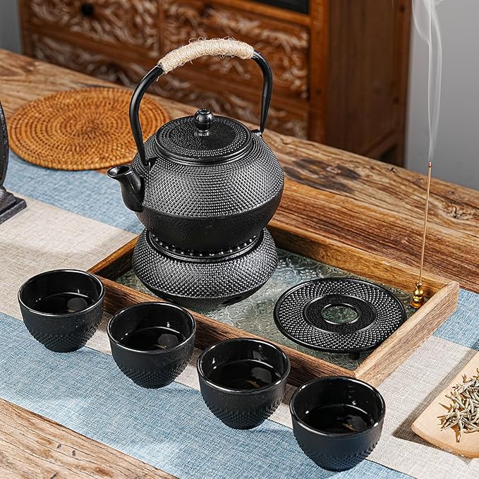 Sungmor Japanese Cast Iron Teapot - Traditional Tetsubin Tea Kettle with Stainless Steel Infuser, Heat Retaining Loose Leaf Teapot for Stove or Tea Ceremony, 42 oz/1200 ml, Black