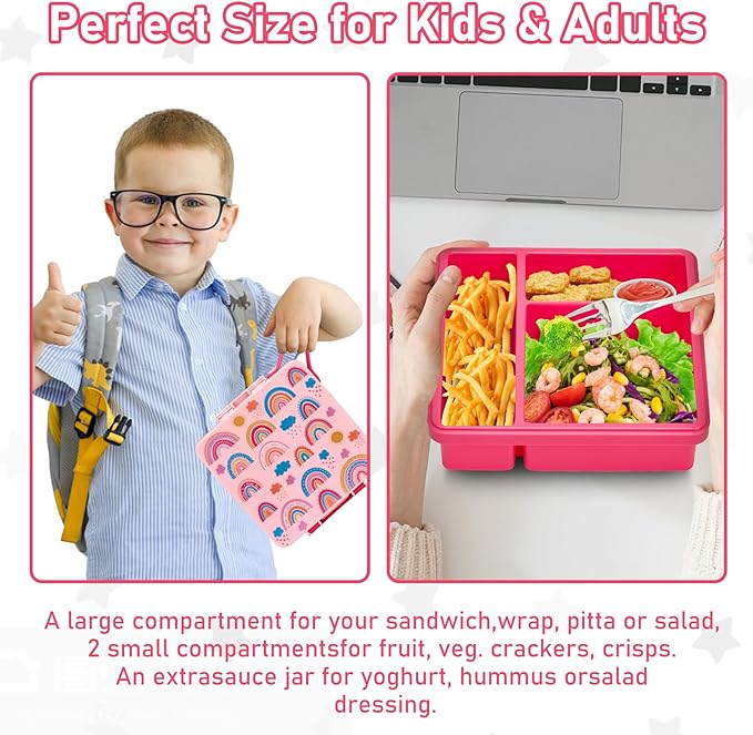 Chill Bento Lunch Box for Kids Adult with Ice Pack,Leak Proof 3 Compartments Lunch Container for Kids,Ice Pack Detachable Bento Box,BPA Free,Dishwasher & Microwave Safe-Rainbow