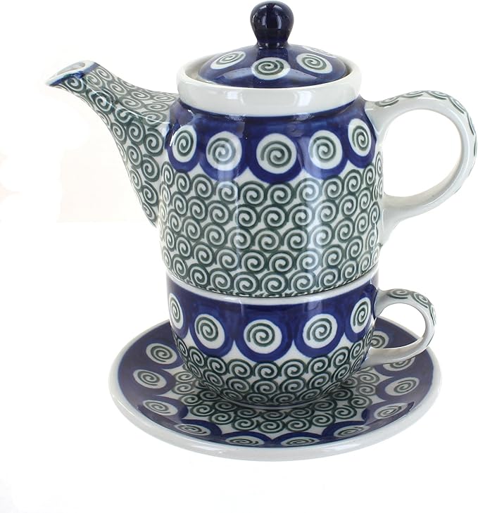 Blue Rose Polish Pottery - Green Peacock Swirl Tea for One - 2 Cup Capacity - Decorative Teapot with Matching Cup, Unique Gift for Tea Lovers and Collectors