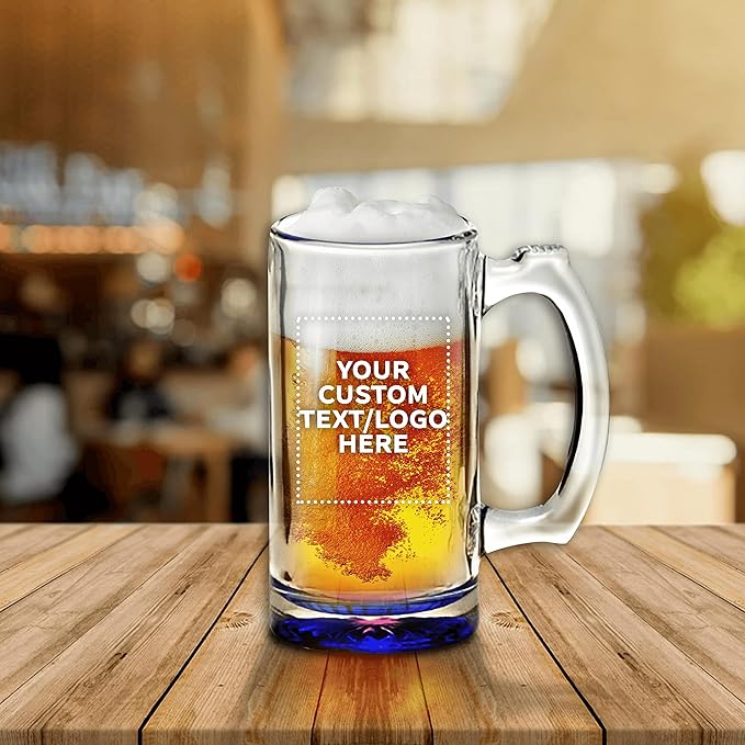 12 Libbey Beer Mugs Set, 12 oz. - Customizable Text, Logo - Groomsmen Glassware - Blue