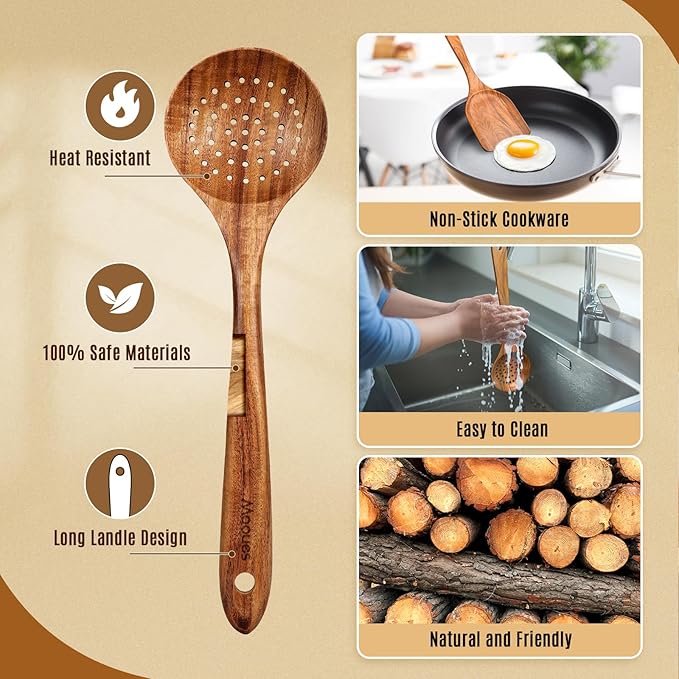 Wooden Spoons for Cooking, 7 Pcs Wooden Utensils for Cooking Natural Teak Wooden Kitchen Utensils Set