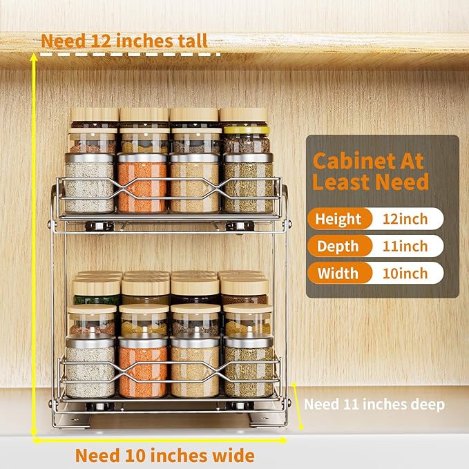 Pull Out Spice Rack Organizer for Inside Cabinet, 2 Tier Spice Rack Spice Organization for Cabinet 6 Height Adjustable, Seasoning Organizer, 9.2"W x 10.4"D x 9.8"H (Also for Cabinet with Lip)