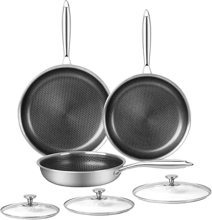 Innerwell 6 Piece Stainless Steel Frying Pan Set with Lids Cookware Set Nonstick Honeycomb Frying Pan Set 3pcs W/Stay Cool Handle Skillet Works Pan for Cooking with Induction Gas Stovetops