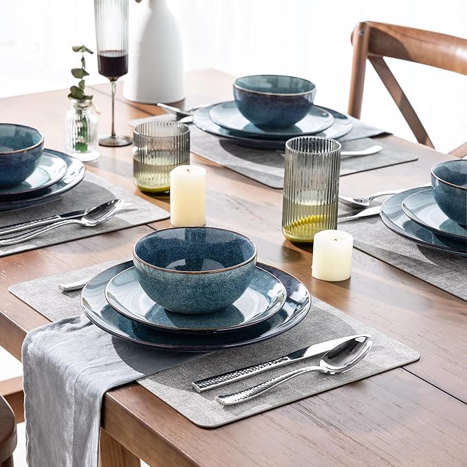 AmorArc Ceramic Dinnerware Sets for 8, 24 Pieces Handpainted Plates and Bowls Set, Scratch Resistant Stoneware Dishes Set, Dishwasher & Microwave Safe, Ceylon Blue
