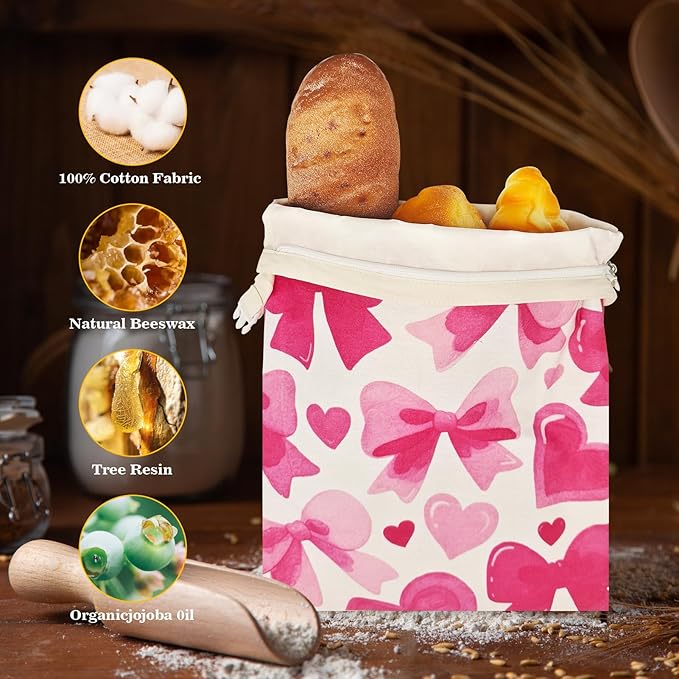 Beeswax Bread Bags for Sourdough 2 Pack 13"x17" Eco-Friendly Reusable Linen Cotton Storage Bags with Zipper Closure for Homemade Bread Fresh-Keeping, Freezer-Safe (Heart bow)