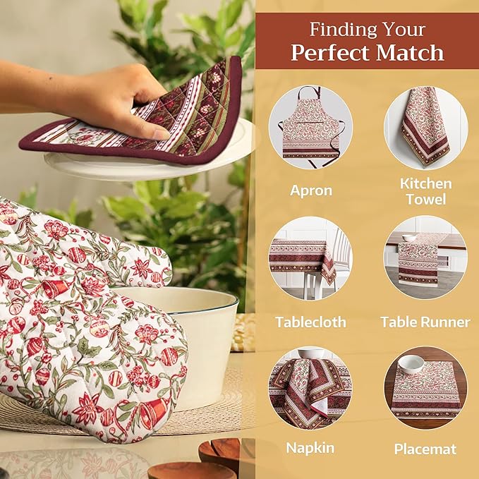 Maison d' Hermine Oven Gloves 100% Cotton Oven Mitt 7" x 13" with Loop Heat Resistant Cooking Gloves for Thanksgiving Christmas Decorations Baking Handling Hot Pans (Pack of 1, Reveillon Au Jardin)