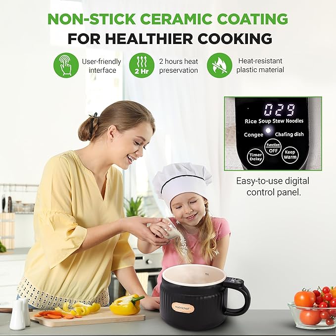 NutriChef 1.6 QT Portable Electric Rice Cooker & Lunch Maker | Multi-Functional & Non-Stick Ceramic Coating | Digital Control Panel | 6 Cook Functions: Rice, Soup, Stew, Porridge & More | Black
