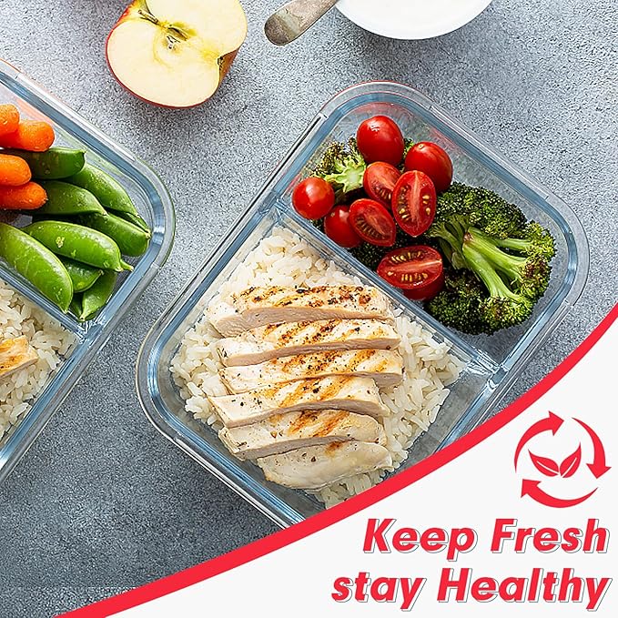 VERONES 10 Pack Glass Meal Prep Containers 2 Compartment Set, 30 OZ Airtight Glass Lunch Containers, Food Storage Containers with Lids, for Microwave, Oven, Freezer & Dishwasher Friendly，Red
