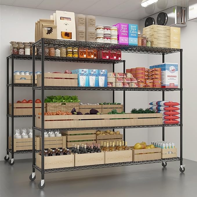 Karl home 4-Tier Adjustable Metal Storage Shelves, Wire Shelving Unit with Wheels & Leveling Feet, Heavy Duty Garage Shelving, Pantry & Kitchen Display Shelf Organizer, Home Storage Rack