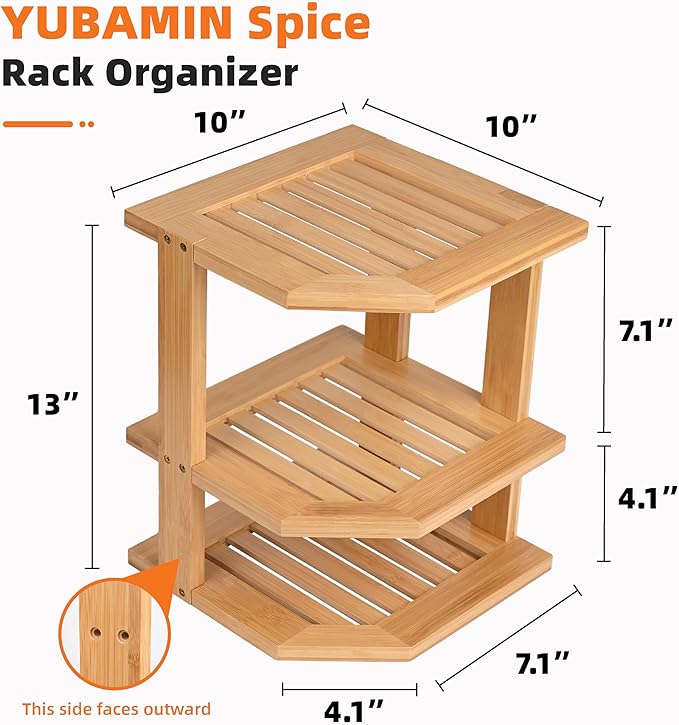 Bamboo Kitchen Cabinet Organizer, 3 Tier Spice Rack Organizer for Cabinet, Space-Saving Spice Corner Shelf, Multi-Purpose Kitchen Counter Shelf for Spices, Plates, Fruits, Bread and Canned