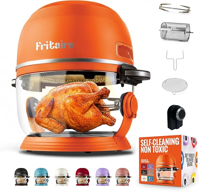 Non Toxic Air Fryer™ - Glass AirFryer 5 Quart w/ 360 Visibility, Self-Cleaning, 400F Vortex Air Fryer for Even Cooking, BPA-Free Teflon Free, 9-in-1 Functions, Rotisserie, Roast, Bake, Orange