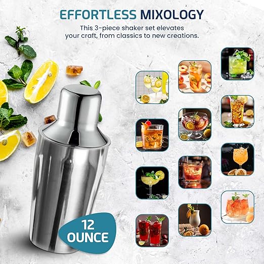 OCS Parts 3-Piece Stainless Steel Cocktail Shaker | 12-Ounce | Makes Perfect Mixed Drinks, Cocktails, and Coffees