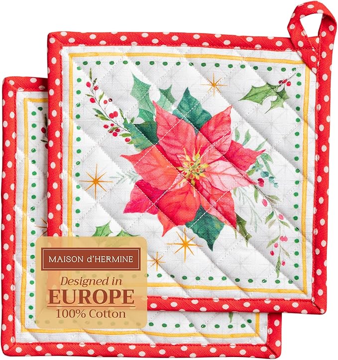 Maison d' Hermine Pot Holders Set 100% Cotton Heat Resistant Potholders 8" x 8" Hot Pads with Loop for Thanksgiving Christmas Decorations Baking Handling Hot Pans (Pack of 2, Poinsettia Christmas)