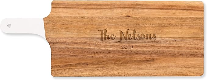 Weddingstar Personalized Wooden Cutting Board or Serving Board with White Handle 7.8" x 21"- Retro Script Etching