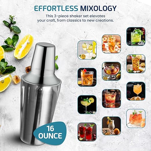 OCS Parts 3-Piece Stainless Steel Cocktail Shaker | 16-Ounce | Makes Perfect Mixed Drinks, Cocktails, and Coffees
