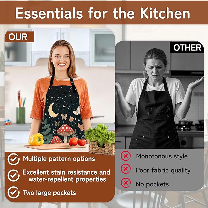 Cooking Apron for Women and Men,Adjustable Chef Bib Apron with 2 Pockets, Water and Oil Resistant for Kitchen Use