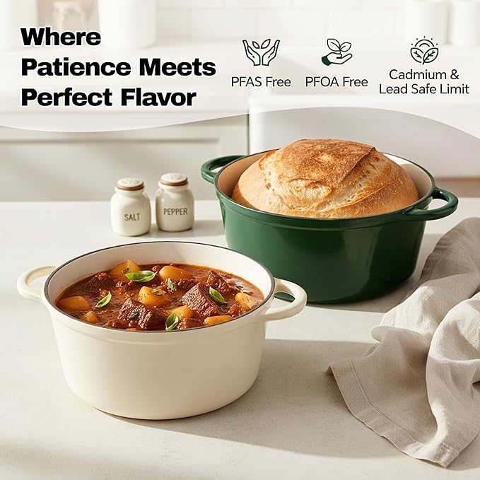 6.5 Quart Dutch Oven Pot with Lid, Non Stick Enameled Cast Iron Dutch Oven for Bread Baking, Heavy-Duty, Oven Safe Ceramic Cookware Up to 500°F for Baking, Braising, Stews, Roasting, Green