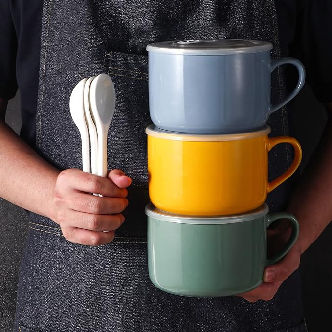 Soup Bowls with Handles & Spoons, 30oz Ceramic Ramen Bowl with Lid, Large Soup Mugs/Cups for Instant Noodle, Big Cereal Bowls for Oatmeal, Soup Containers with Lids, Set of 2, Sky Blue