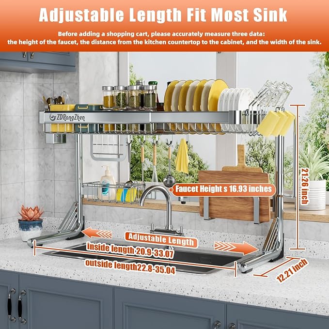 ZDRongZhen Over The Sink Dish Drying Rack,2 tier Full 304 Stainless Steel dish drainer rack,Adjustable Length (22.8''~35.04'') Kitchen Storage Counter With Cup Hanging Set and Hooks (Silver-2Tier)